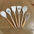 6-piece cooking utensil set with white silicone heads and ergonomic wooden handles - White 6-Piece Set