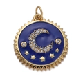Macro shot of gold pendant featuring a crescent moon and stars on deep blue enamel - Pendant Only (Without Chain)