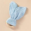 Sky blue muslin cotton bunny ears teether with a smooth natural wooden ring - Sky Blue