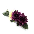Bohemian floral hair comb featuring deep purple roses and green leaves on silver metal pins - FS33-7 Purple