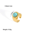 Detail of 18K gold-plated stainless steel ring featuring round turquoise stone inlay - Adjustable Open / Round Stone Style (YYR023100-B)