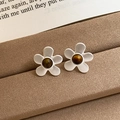 Detailed shot of flower earrings with matte silver finish and tiger eye stone beads - 13# Silver Brown Flower Silver Earring Post