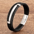 Black multilayer braided leather bracelet with silver stainless steel magnetic clasp for men - Black Braided Silver Smooth Surface