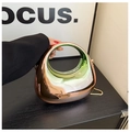 Modern rose gold crescent acrylic box clutch with high-gloss mirror finish and chain - Small with Chain / Gradient Green