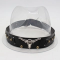 Detail of black leather cowboy hat band featuring silver bull head and gold rivets - One Size / Black Leather Bull Head