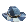 Vintage Western-Cowboyhut aus blau-weißem Denim mit braunem Lederband und Stiermotiv - Einheitsgröße / Hellblau (M Denim Kleines Weißes Band)