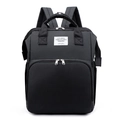 Close-up of black diaper bag with front pocket and LIVING TRAVELING SHARE fabric label - Black