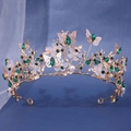 Baroque gold bridal crown featuring green gemstones, metal butterflies and white flowers - Green
