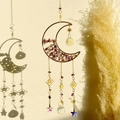 Detailed moon suncatcher with purple crystal chips and clear hanging prism spheres - Amethyst Moon Wind Chime