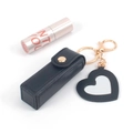 Portable black PU leather lipstick pouch with gold keychain and heart-shaped mirror charm - No Logo Black