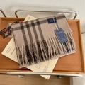 Classic British plaid scarf in brown and beige tones with fringes on a wooden tray - 14# Latte Plaid