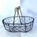 Japanese style oval iron mesh snack basket with wooden handle for home storage - Type A Hex Mesh Black + Natural Wood Handle