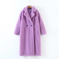 Long purple faux fur teddy coat with double-breasted buttons and lapel collar - S / Tops / Purple