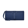 Dark blue women's long wallet clutch bi-fold card holder with wrist strap and strap closure. - Sapphire Blue