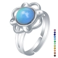Silver flower ring with temperature color-changing gemstone and adjustable open band - 1048 Bauhinia