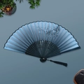 Blue bamboo folding fan with elegant plum blossom print and decorative black tassel - Black Ribs Style 62