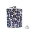 Blue and black leopard print rhinestone hip flask with funnel for outdoor travel - Leopard Blue