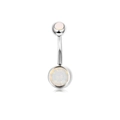 Surgical steel belly button ring featuring white iridescent opal stone heart design - Silver Opal