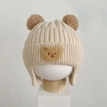 Beige knitted baby beanie with brown pom-pom ears and cute bear embroidery patch - Double Pompom Bear Beige
