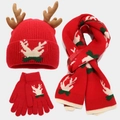 Weihnachtsset mit Rentierhorn-Strickmütze Schal und Handschuhen für Damen Winterwärme - Erwachsene Großes Rot