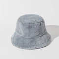 Close-up detail of soft grey-blue faux rabbit fur texture on a warm bucket hat - Gray