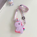Detail of unicorn silicone crossbody bag with colorful adjustable rainbow print strap - Purple