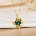 Golden owl pendant necklace featuring green crystal body and micro-paved sparkling zircon wings - Gold Owl/Green Faceted Crystal