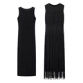 Elegantes zweiteiliges schwarzes Strickkleid ärmellos mit Fransensaum und Taillenstruktur - S / Schwarz