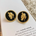 Vintage gold-toned round stud earrings with black enamel and classical cameo relief - Black Portrait Style