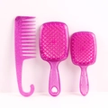 Glitter rose rode 3-delige haarborstelset met holle borstels en grove tanden kam - Roze - 3-delige set (Groot+Klein hol+haak)