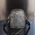 Vintage black oil wax leather crossbody bag with gold hardware and fabric strap - Black