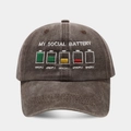 Detail of embroidered battery icons and social battery text on washed grey cotton cap - Adjustable / Coffee