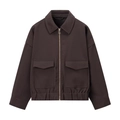 Deep brown zipper jacket with lapel collar, front pockets and elastic hem on white background - XS / Coffee