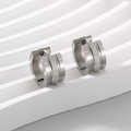 Unisex brushed silver stainless steel round earrings with high-polish contrast finish - Silver Polished Brushed Dual Texture Style (KE112999-XY)