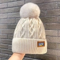 White cable knit beanie with faux fur pom pom and leather Happy label for winter - Happy-Thickened Style / Beige
