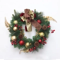 Artificial Christmas wreath featuring red gold balls and pine cones on green pine needles - Festive Red Gold Velvet Bow Style (SDHH010-9)