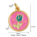 Pink tulip enamel round pendant in copper with 14mm width for DIY jewelry making - Gold Round Pink Tulip