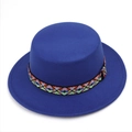Top view of navy blue wool felt flat top hat with colorful ethnic geometric band detail - One Size / Royal Blue
