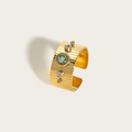 Anello aperto vintage dorato con pietra naturale verde tonda e dettagli in zircone - Stile Pietra Verde Circolare con Strisce Verticali (SR22112403GN)