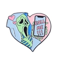 Blue Ghostface enamel pin with pink heart background and CALL ME text design - Scream Ghostface Heart Style (XZ6067)