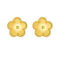 Detailed view of gold flower earrings featuring textured petals and beaded metal edges - Stud Earrings