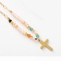 Collar de cruz con cuentas facetadas de colores y colgante dorado estilo bohemio - Oro de 14K / Cruz Multicolor