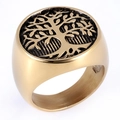 Macro detail of golden tree of life engraving on vintage stainless steel ring - Size 7 / Gold Embossed Style (18406)