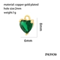 Macro view of 8x6mm 18K gold plated heart pendant with green cubic zirconia and dimensions - Gold/Green Zirconia