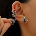 Gothic silver spider ear cuff and black gemstone stud earrings set for women - Silver Black (37)