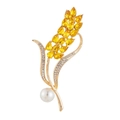 Detail of golden wheat brooch featuring yellow teardrop gems and white pearl accent - Style 12-Curved Wheat Spike