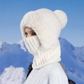 Cagoule tricotée crème pour femme avec bordure en fausse fourrure et pompon pour l'hiver - Blanc