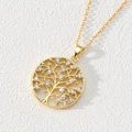18K gold plated tree of life pendant necklace with white zircons on a round cutout link chain - Style G-Round White Zircon Branch Tree of Life