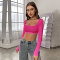Cropped long sleeve knit top in hot pink with deep U-neckline and high stretch fit - S / Rose Red