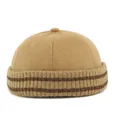Camel docker hat with ribbed knit cuff and dark brown stripes for a casual retro style - Adjustable / Khaki